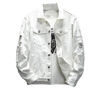 Kedera Distressed Denim Jacket Men's Button Down Denim Jacket Trucker Jean Coat, White, L