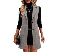 Kedera Long Vest for Women Sleeveless Tweed Blazer Jacket Sleeveless Pocket Outerwear Longline Trench Coat, Khaki, XXL