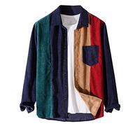 Kedera Mens Corduroy Patchwork Shirts Oversize Button Up Long Sleeve Color Block Dress Shirt, Navy Red, Medium