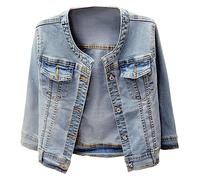 Kedera Women Denim Jacket Button Down Collarless 3/4 Sleeve Cropped Jean Jacket, Blue, XL