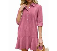 Kedera Women‘s Tunic Shirt Mini Dress Long Sleeves Short Dress Button Up Ruffle Hem Shift Dresses with Pockets, Rose Red, XL