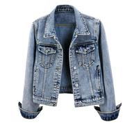 Kedera Women's Denim Jacket Button Down Collarless Long Sleeve Washed Cute Jean Jackets, Snowflake Blue, Large