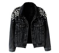 Kedera Women's Embroidered Rivet Pearl Short Denim Jacket Coat, Black_06, X-Large