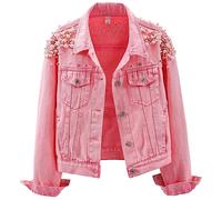 Kedera Women's Embroidered Rivet Pearl Short Denim Jacket Coat, Pink, Large