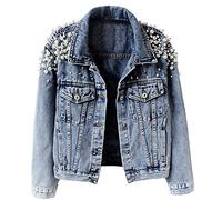 Kedera Women's Jean Jacket Embroidered Rivet Pearl Short Denim Jacket Coat, Blue, M