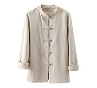 Kedera Women's Linen Shirts Retro Mandarin Collar Chinese Frog Button Tops Blouse, Apricot, Large