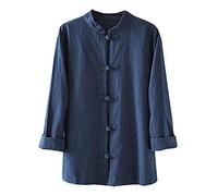 Kedera Women's Linen Shirts Retro Mandarin Collar Chinese Frog Button Tops Blouse - blue - Medium