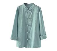 Kedera Women's Linen Shirts Retro Mandarin Collar Chinese Frog Button Tops Blouse, Green, Large
