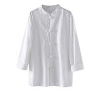 Kedera Women's Linen Shirts Retro Mandarin Collar Chinese Frog Button Tops Blouse, White, L