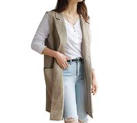 Kedera Women's Linen Vest Lapel Sleeveless Long Open Front Cardigan Vest with Pockets - Khaki - X-Small