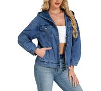 Kedera Women's Oversized Hooded Jean Jacket Long Sleeve Button Down Shirts Coat Fall Winter Boyfriend Outfit, Dark Blue, L