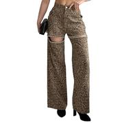 Kedera Women's Rhinestone Pearl Cut Out Jeans High Rise Straight Leg Embellished Pants with Elastic Waist Panels, A-leopard, XL