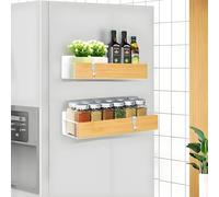 KedioPio Magnetic Spice Rack for Fridge, 2 Pack Magnetic Shelf White with 4 Hooks, Wooden Magnet Fridge Shelf Bamboo Spice Rack Condiment Holder for Kitchen Storage and Organisation, White