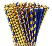 KEDON Gold Navy Blue Straws 100 Bulk Decorative Disposable Paper Drinking Straws for Cocktails Cake Pop Sticks Bar Wedding Birthday Royal Baby Shower Graduation Party Straws, Crafts Decorations