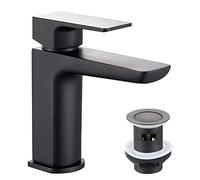 KEDWILL® Mono Basin Mixer Tap with Click Clack Sprung Waste Bathroom Sink Hot and Cold Faucet Solid Brass Modern Matt Black Easy to Fit/Install