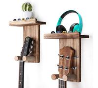 Keebofly Guitar Wall Mount Hanger with Shelf & Pick Holder - 2 Pack Guitar Holder Wall Hook for Acoustic, Electric, Bass Guitars, Ukulele (Screw-Mounted, Brown) [Patented]