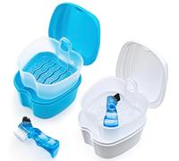 Keedolla 2 Pack Cute Denture Cups Denture Bath Container for Soaking False Teeth, Denture Storage Container Soaking Bath Case with 2 Brush - Blue and White
