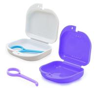 Keedolla 2 Pcs Denture Box Retainer Case with Vent Holes, Dental Retainer Box Holder Case Mouthpiece Case with Invisible Braces Removal Tool - Purple and White