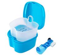 Keedolla Denture Cup Orthodontic Retainer Case, Denture Bath Box Dental Mouthguard Case Cleaning with Brush, Strainer Basket and Lid Waterproof - Blue