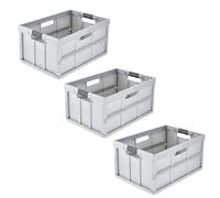 keeeper benno 3 x Sturdy Professional Folding Boxes with Soft-Touch Handles, 45 L, Up to 50 kg Load Capacity, Suitable for Shopping Trolley, 54 x 37 x 27.5 cm, Silver (Light Silver)