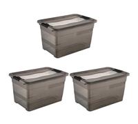 keeeper Cornelia 3 x Storage Boxes with Lid and Sliding Closure, 59.5 x 39.5 x 34 cm, 52 L, Crystal Grey