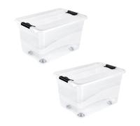 keeeper Konrad 2 x Storage Box with Wheels, Lid and Sliding Closure, 59.5 x 39.5 x 35 cm, 52 L, Transparent