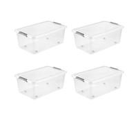 keeeper Leo 4 x Storage Box with Lid and Wheels, 37 L, 59 x 38 x 24 cm, Clip Box, Transparent