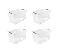 keeeper Leo 4 x Storage Box with Lid and Wheels, 56 L, 59 x 38 x 35.5 cm, Clip Box, Transparent