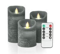 KeeFos LED Candles [Set of 3] Flameless, Real Wax Pillar with Remote Control, Realistic Flickering Flame, Timer Function for Dining Room, Bedroom, Church [Energy Class G] (Gray)