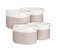 KEEGH 4-Pack Toy Storage Baskets, Large Foldable Woven Cotton Rope Laundry Basket with Handle, Empty Gift Baskets Decor for Kids Classroom, Blanket Basket for Living Room, Shoe Baskets, White & Khaki