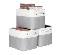 KEEGH Fabric Storage Baskets Set of 3, 12in Storage Boxes for Shelves, Foldable Storage for Hard Bottom Storage, Fabric Basket with Handle, Storage Boxes for Home and Office-White/Grey