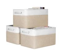 KEEGH Fabric Storage Baskets Set of 3, 17 Inch Storage Boxes for Shelves | Foldable With Hard Bottom Storage Organizer, Fabric Baskets With Handle for Organizing Home and Office - White/Beige