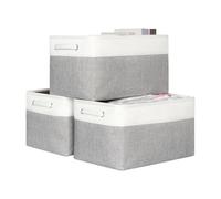 KEEGH Fabric Storage Baskets Set of 3, 17 Inch Storage Boxes for Shelves | Foldable With Hard Bottom Storage Organizer, Fabric Baskets With Handle for Organizing Home and Office - White/Grey