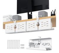 KEEGH Under Desk Cable Management Tray, 2 Pack No Drill Desk Cable Baskets Upgrade Capacity, Clamp/Screw Mount Cord Organiser Desk, Gaming/PC Cable Tidy Tray Cord Hiders for Home Office, White