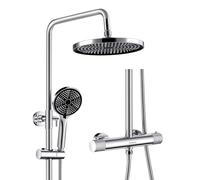 KeeGone Shower System Complete Set with Thermostat 25cm Rain Shower & 3 Spray Hand Shower Thermostat with Non-Slip Rotary Knob & Anti-Scalding Height Adjustable Stainless Steel Water Saving