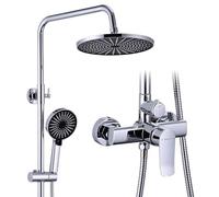 KeeGone Shower System with Faucet Stainless Steel with Adjustable Height Shower Rod 26cm Round Overhead Rainfall Shower 3 Jet Types Hand Shower Mixer Set for Bathrooms