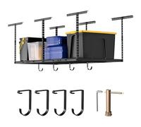 Keelian Heavy-Duty 4x8 Overhead Garage Storage Rack with 4 Extra Hooks - Adjustable Ceiling Dropdown (22"-40"), 600 lbs Capacity, 22 lbs per Hook, Black