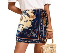 Keeliya Womens Wrap Mini Skirt Boho Floral Printed Knot Side High Waist A Line Casual Summer Beach Short Skirt, Dark Blue, M