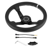 Keenso Steering Wheel, 350mm 14in Universal Half Dish Steering Wheel, Black Leather Aluminum Alloy Frame, Stylish Racing with Wrench and Cables, for Most Car with 6 Bolts Hub