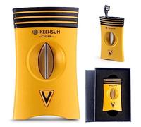 KEENSUN 3-in-1 Zinc Alloy V-Cut Cigar Cutter (Deep Yellow) with Cigar Holder on The Back and Cigar Punch at The Bottom, 60 Ring Gauge, 420J2 Stainless Steel Cut Blade in Gift Box