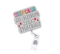 Keep Calm All Bleeding Stops Eventually Retractable Badge Reel, Funny Silver Glitter Id Badge Holder with Swivel Alligator Clip, Decorative Trauma Name Tag Reel for Nurses, Emts, Er Staff