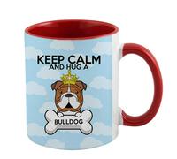 Keep Calm and Hug a Bull Dog Themed 11 Oz Red Inside Red Handle Christmas Stoking, Birthday Present, Gift Idea Mug.