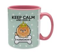 Keep Calm and Hug a Dog Themed 11 Oz Pink Inside Pink Handle Ceramic Christmas Stoking, Birthday Present, Gift Idea Mug. (Pomeranian)