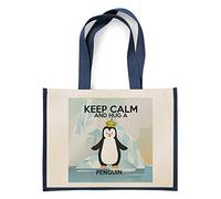 Keep Calm And Hug a Penguin Themed Canvas Shopping Jute Bag. Gift For Christmas, Birthday Present, Gift Idea (Navy Blue)