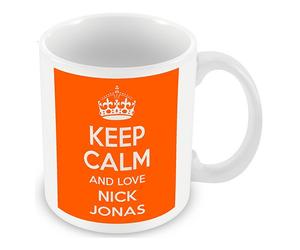 Keep Calm and Love Nick Jonas (Orange) Mug / Cup (choose to personalise with any name, photo, message or colour) - Celebrity inspired fan tribute gift