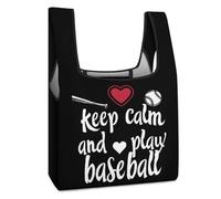 Keep Calm And Play Baseball Funny Reusable Grocery Bag Printed Fold-able Shopping Bags Washable Tote Lightweight Storage Pouch with Handle