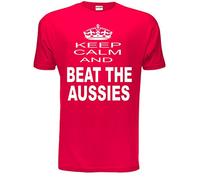Keep Calm & Beat Aussies/Ashes/Cricket Mens T-Shirt in 6 Colours Unisex Medium Red