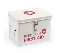 Keep Calm First Aid Medicine Organizer Storage Metal Box with Lid, Latch Closure, Removable Tray and Side Handles, Vintage Empty Box for Home, 9" x 6.3" x 6.5", Milky White