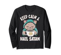 Keep Calm & Hail Satan Funny Coffee Lover Occult Cat Long Sleeve T-Shirt