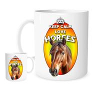 Keep Calm Love Horses Mug - 11oz Ceramic Coffee Cup with Horse Head Illustration - Equestrian Gift for Riders, Trainers & Horse Lovers